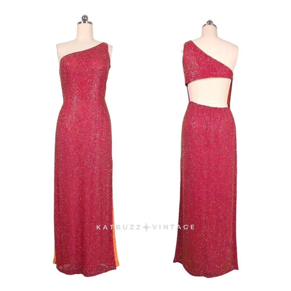 Y2K Sean Collection Prom Dress Maxi Gown L Pink Orange Silk Beaded Glam Pageant